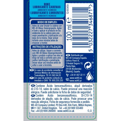WD-40 Bike Lubricante de Cadenas Ambiente Humedo 100ml